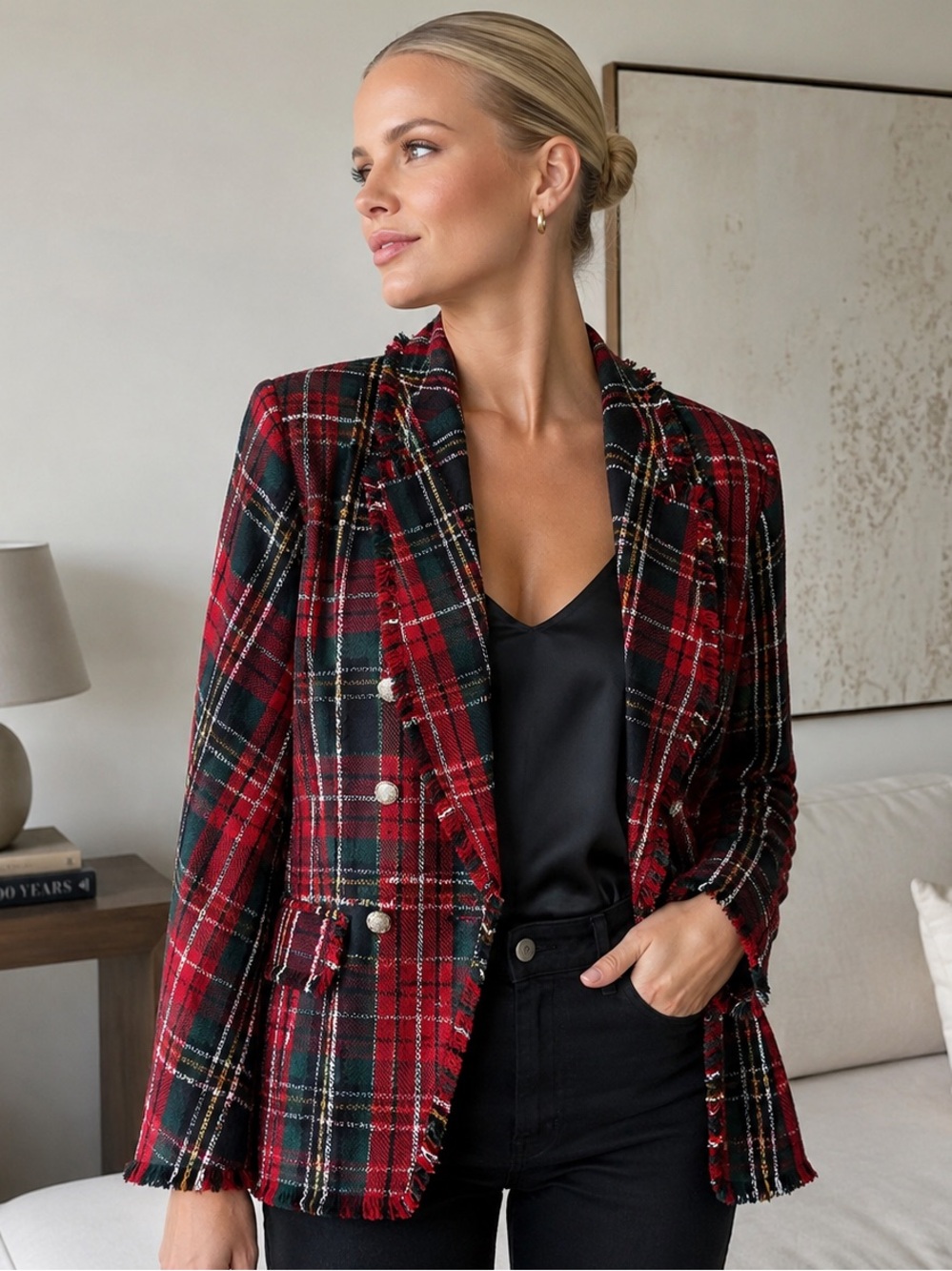 Rachel Zoe Red and Green Tartan Plaid Blazer Size L NWT Preppy